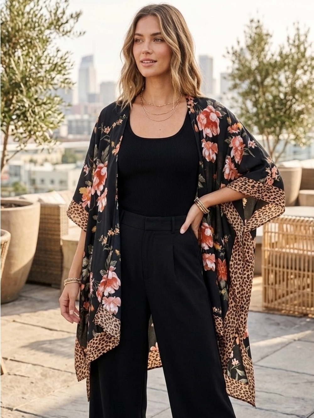 American Eagle Outfitters Black Floral Leopard Kimono
